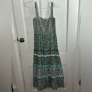 Zara Pom Pom Floral Print Smocked Tiered The Kandy Maxi Dress S Blue Green